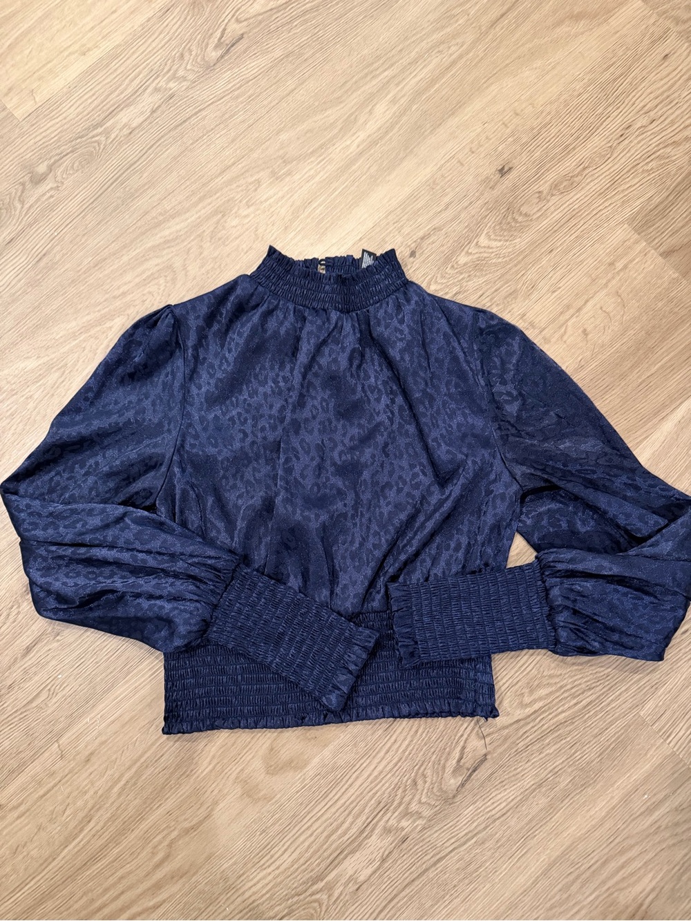 Aqua Navy Smocked-Neck Long Sleeve Blouse